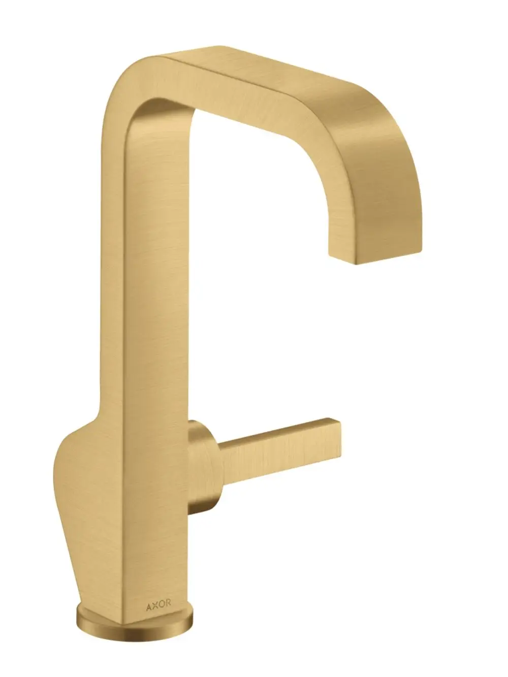 Einhebel-Waschtischmischer in gebürstetem Gold von AXOR. Der Mischer hat einen kantigen Auslauf und einen seitlichen Betätigungshebel zur Regelung des Wasserflusses.